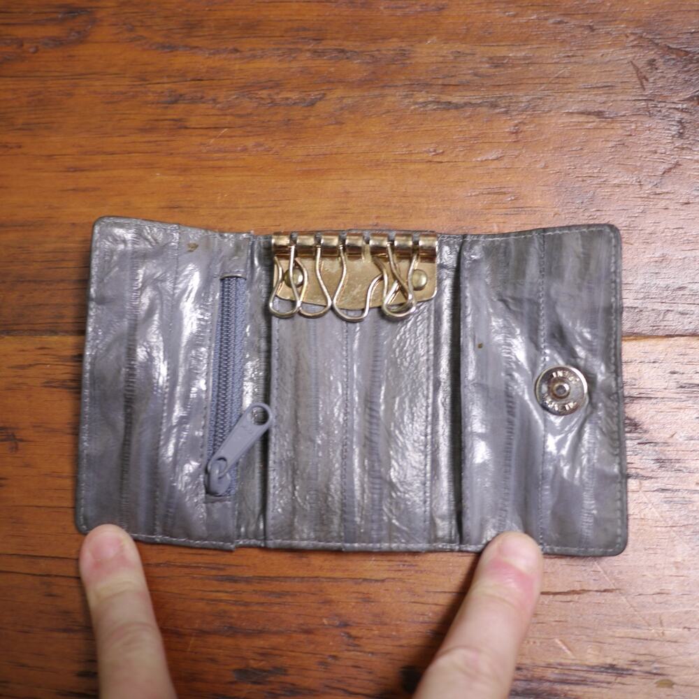 Vintage 80s Genuine Gray Eel Skin Leather Slim Key Wallet w/ Zip Pouch